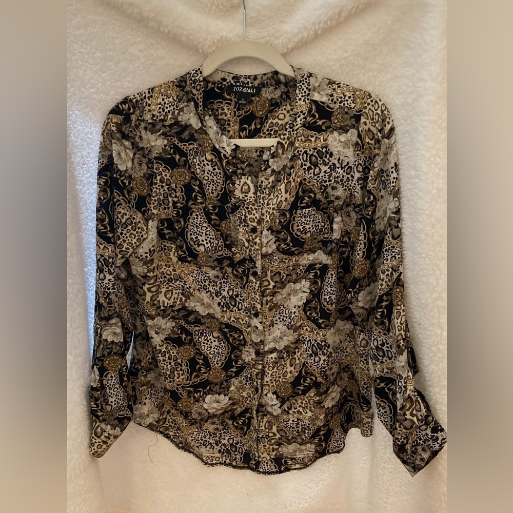 Roz & Ali Brown & Tan Print Long Sleeved Button Down Blouse Size S